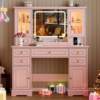 Bureau de coiffeuse avec lumières, grand miroir à DEL avec 3 modes de couleur, coiffeuse de maquillage avec prise de courant et ports USB, 6 tiroirs et 2 armoires en verre RVB, coiffeuse de ferme (rose)