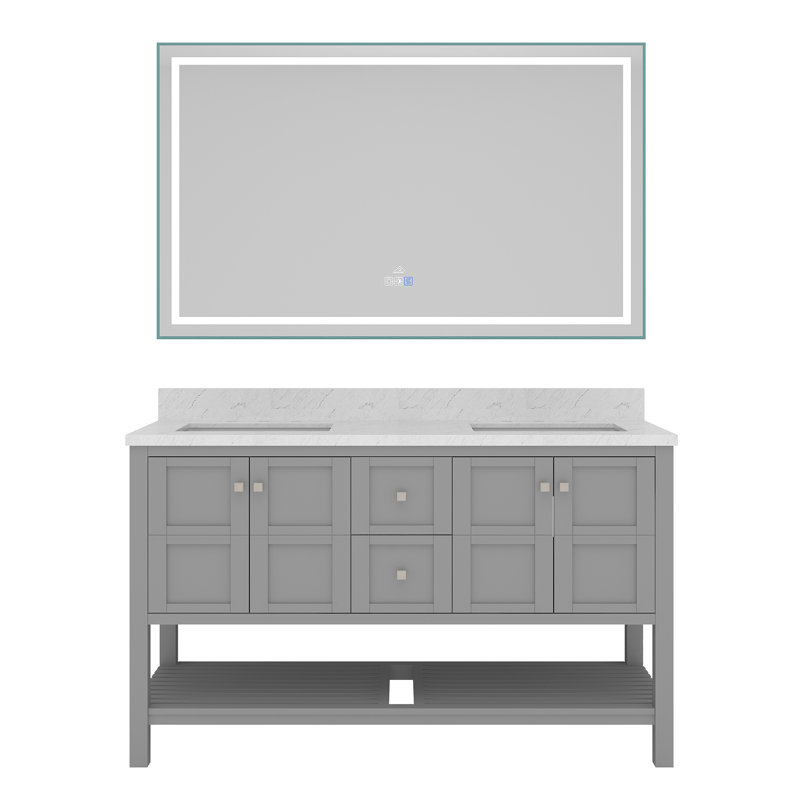 60 po X P 22 po P 35,4 po Meuble-lavabo double H blanc avec comptoir et miroir DEL, gris