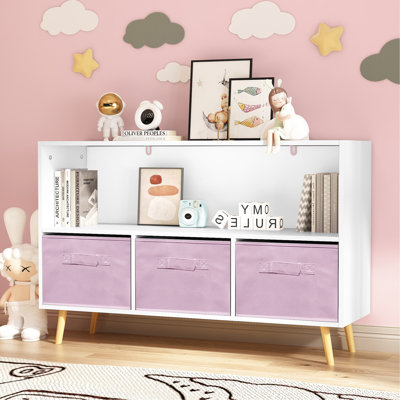 Bibliothèque pour enfants avec tiroirs en tissu pliables, présentoir à livres pour enfants, armoire de rangement pour jouets, blanc / rose