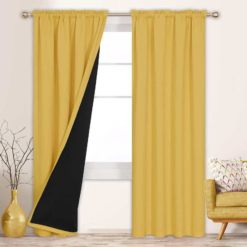Deconovo 100 Percent Blackout with Liner Rod Pocket Curtain Panel Pair, 52" W x 95" L, Yolk Yellow
