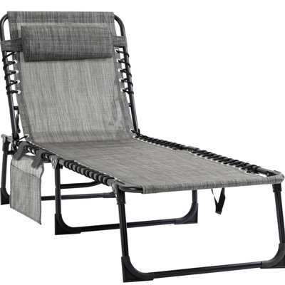 Reclining Poolside Chair With Adjustable And Storage Option - Grey Folding Pool Lounge Removable Pillow, Side Pocket, Relaxing,