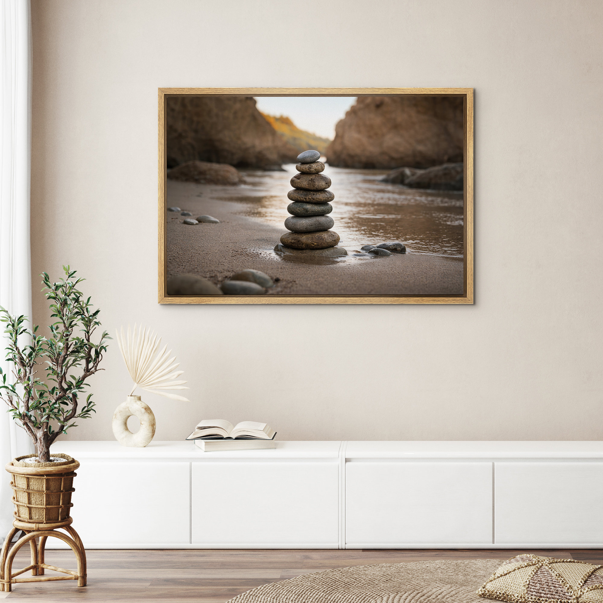 wall26 Balanced Zen Stone Stack on Beach Minimalist Nature Scene Framed ...