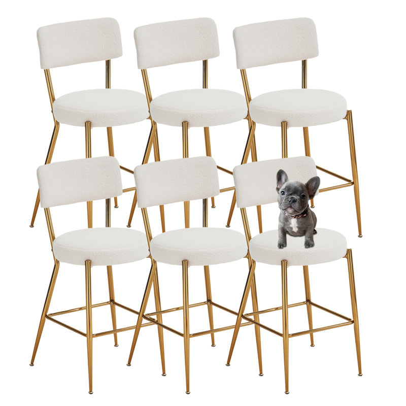 Ensemble de 6 tabourets de bar en tissu Modern Teddy, Tissu crème / cadre doré, 6
