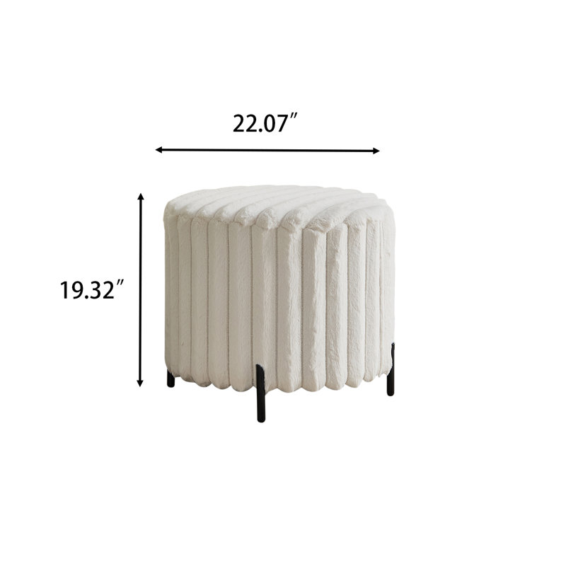 Modern Round Plush round Ottoman upholstered ottoman with Channel Tufting and Metal Legs, Beige Faux Fur