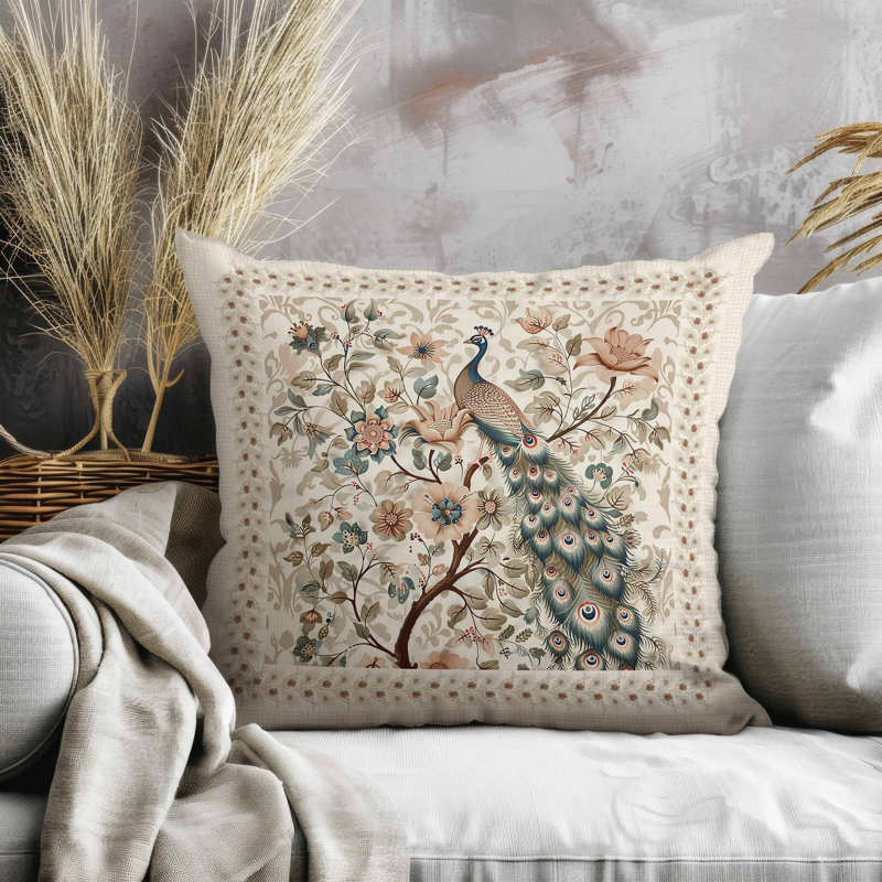 Coussin intérieur / extérieur Peacock Kalamkari, H 18 po x l 18 po