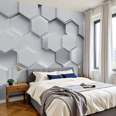 Peel and Stick Wallpaper Modern Hexagonal Geometric Metallic Grey Honeycomb Texture Futuristic Wall Murals 100"H x 144"W Removable PVC Wall Paper Self-Adhesive Wall Decor for Bedroom Living Room Home Office