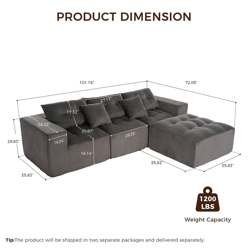 Canapé modulaire à compression en L 101 po, canapé Cloud confortable à 3 places, tissu en velours côtelé, avec repose-pieds mobile, combinaison de bricolage gratuite, convient au salon, à la chambre à coucher, à l’appartement