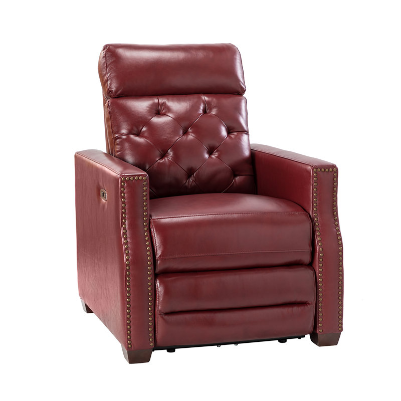 Gumesindo 31.50" Wide Genuine Leather Power Recliner, Burgundy Genuine Leather