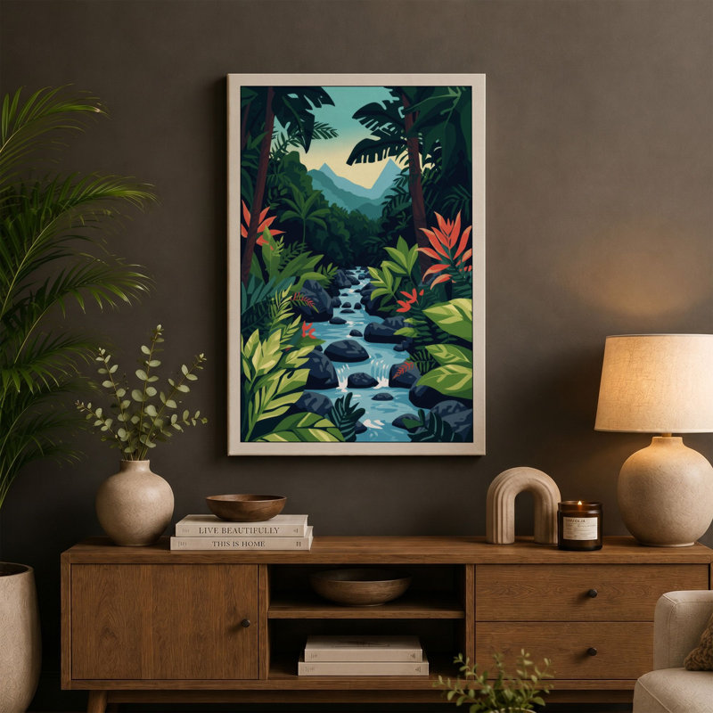 Mountain Beyond Jungle Tropical 1 Piece Wrapped Canvas Wall Art, 24x16 - 61.0 x 40.6 cm, Cream Border