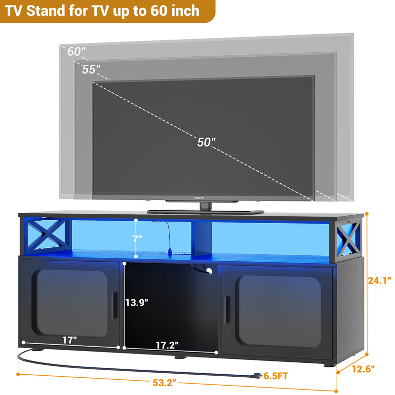 TV Stand For 60 Inch TV,Entertainment Center With LED Light & Charging Station, Large Media Console Cabinet, Black