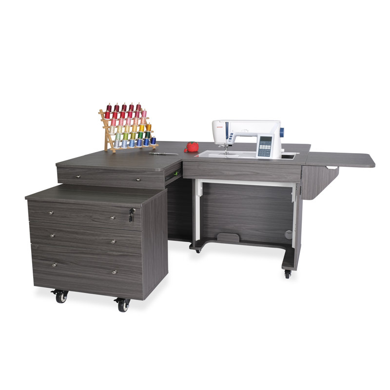 Gray Hydraulic Lift Sewing Cabinet with Rolling Storage Caddy