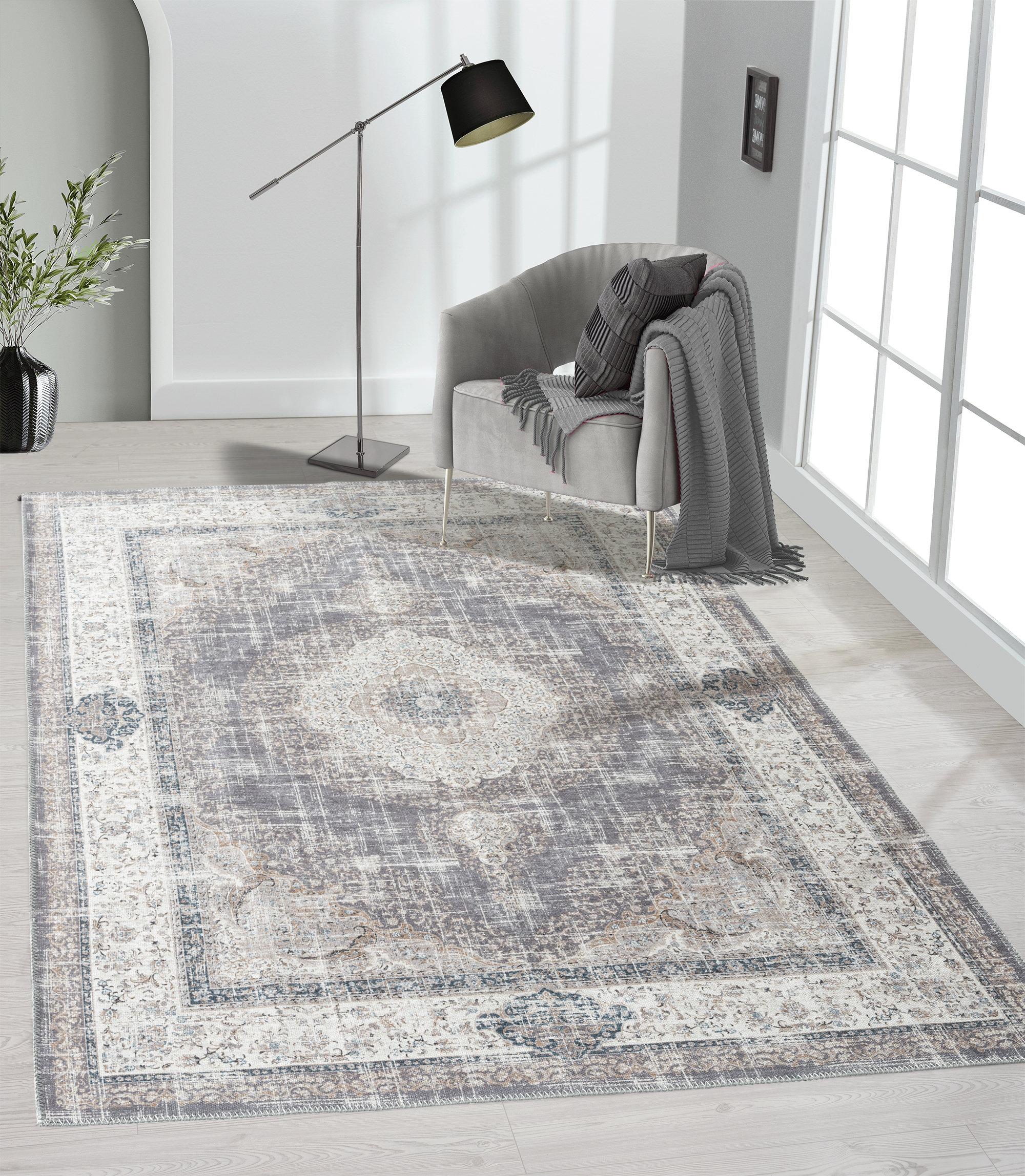 Contemporary Machine Made Gray Beige Rug 2' x 3' main image 0