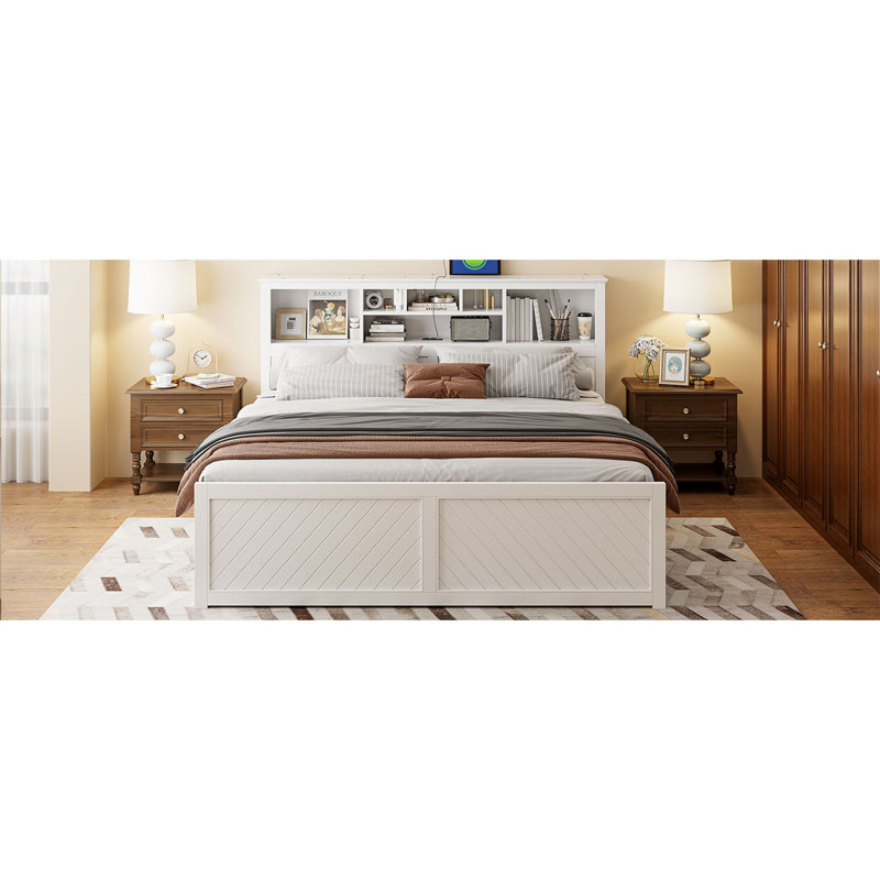 Lit plateforme très grand en bois avec tête de lit multi-rangement, USB et tiroirs, blanc