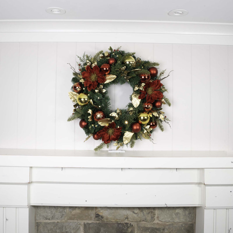 Golden Leaf Red Magnolia 30'' Artificial Christmas Wreath with LED Lights