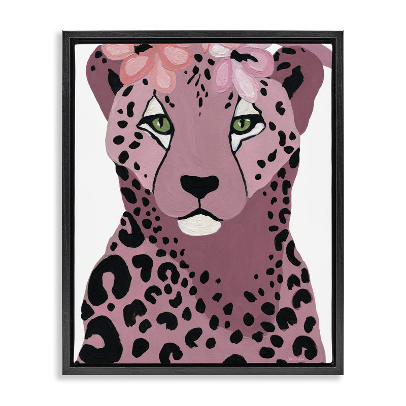 «Cheetah with Pink Blossoms», art mural encadré sur toile flottante par Yvette St. Amant, Cadre flottant métallique doré