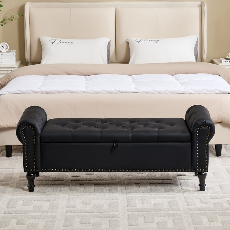 Banc de rangement en similicuir 66,9 po Cleota, H 21,9 po x l 66,9 po x P 19,6 po, Noir