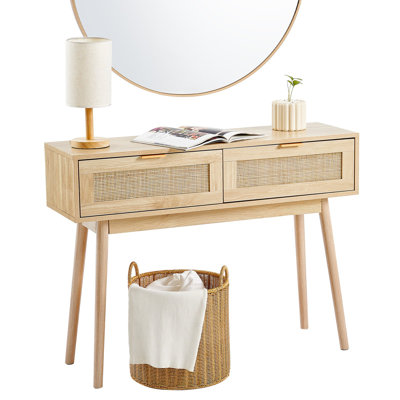 Rattan Console Table With 2 Storage Drawers, Rattan Entryway Table With Natural Rattan Sliding Door, Console Sofa Table For Living Room, Study, Entryway Or TV Wall, Natural