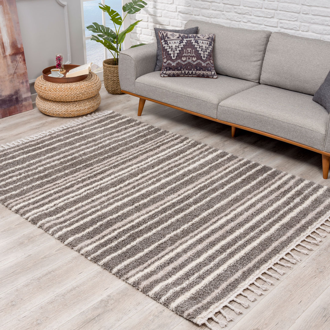 Teppich Pulpy 520 Hochflor Wohnzimmer Ethno Boho Stil Creme Teppiche mit Fransen Horatio