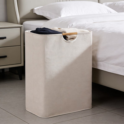 Foldable Laundry Hamper With Wooden Handles - Large Capacity Cotton Linen Storage Basket For Clothes, Toys, And Bathroom Organization