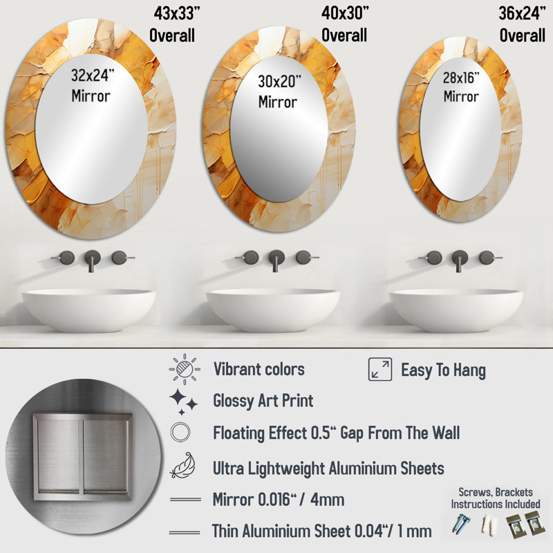 Amber Glow II - Modern Oval Wall Mirror, 43" x 33"