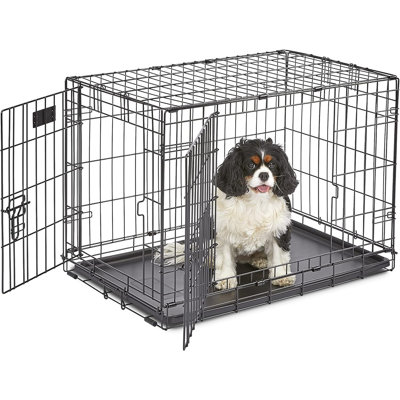 Double-Door Folding Dog Crate With Divider Panel – Black, Medium Breed (21–40 Lbs), Durable Metal Wire Construction, Portable & Leak-Proof Tray, Modern Functional Style