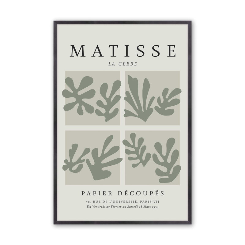 Matisse's La Gerbe Quartet, imprimé vert dans un cadre, H 15,25 po x l 12,25 po, Zinc patiné
