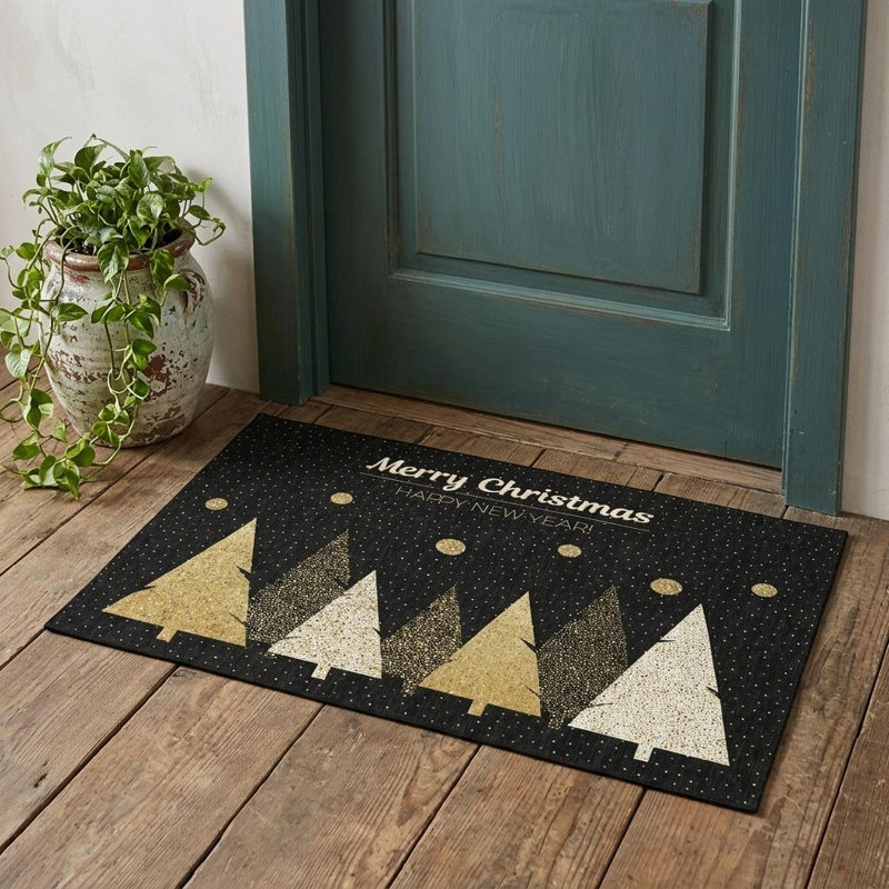 3' X 5' Black Gold And Ivory Christmas Tree Washable Area Rug With UV Protection