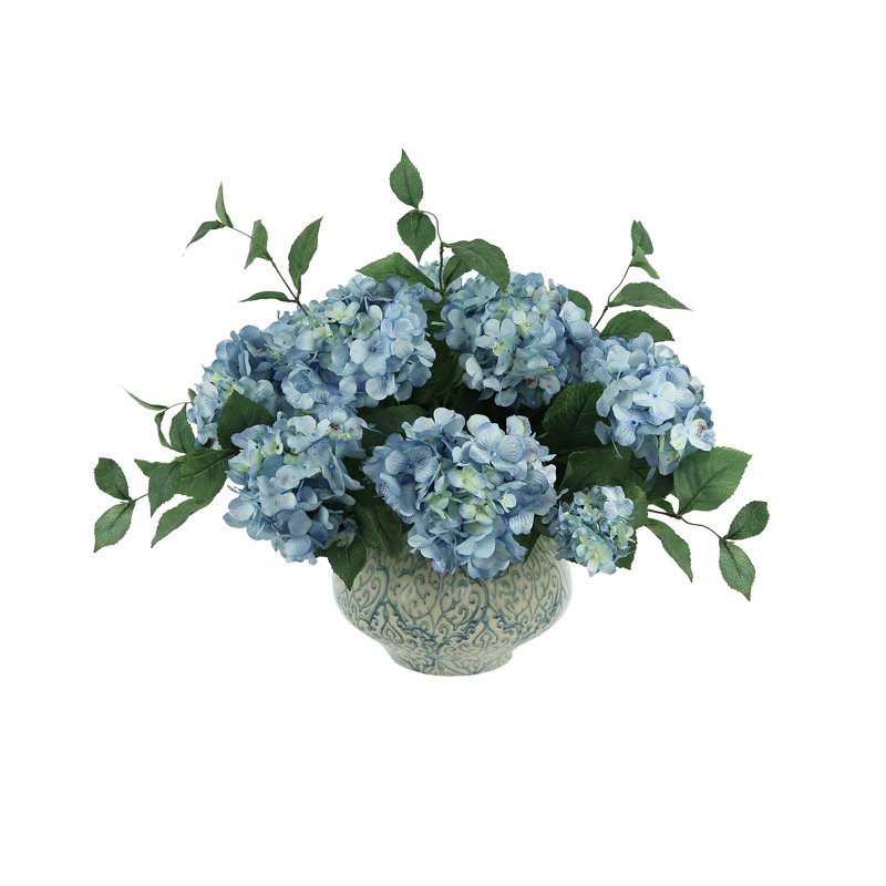 Keenum Hydrangea Floral Arrangement in Vase, Blue