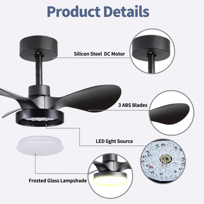 24" small ceiling fan with light remote control ,modern low profile black ceiling fan, 6-speeds quiet reversible dc motor for bedroom,kitchen