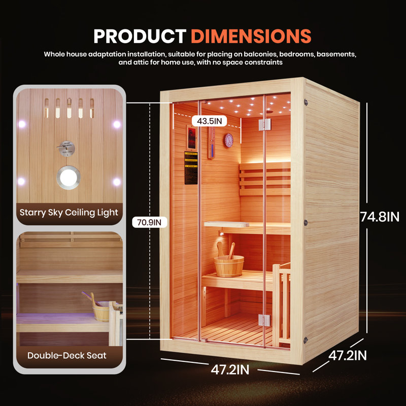 Boîte de sauna en pin pour deux personnes avec éclairage DEL Lumen