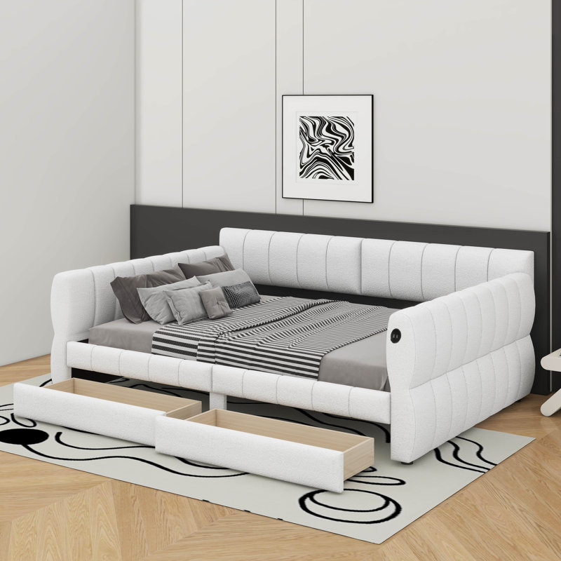 Grand lit plateforme tapissier avec port USB et 2 tiroirs, Blanc