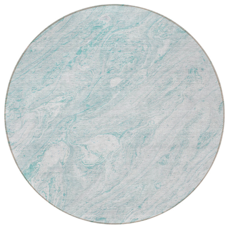Tapis extérieur rond lavable abstrait 8 pi Aqua and Ivory