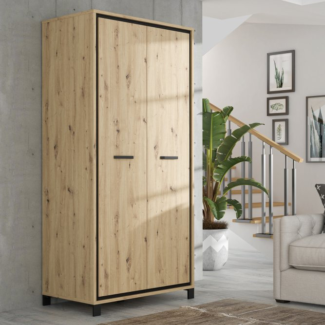 Cerallua 2 Door Wardrobe in Artisan Oak and Black Oak, 100 cm