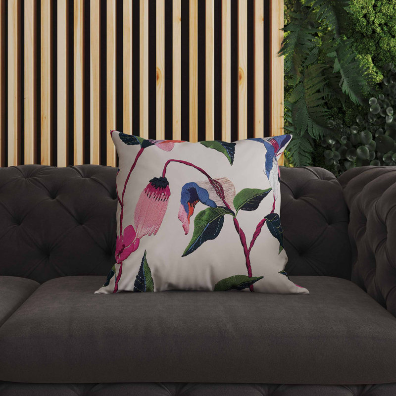 Coussin intérieur / extérieur Nature's Emb broderie, Carré 26 po, Vert/beige/rose