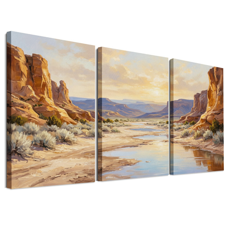 Ensemble de 3 toiles murales représentant une rivière dans un canyon désertique au coucher du soleil, 24"H x 16"W x 3pcs