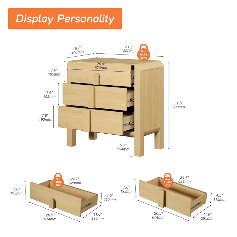 Wooden Baby Dresser With 3 Drawers, Kids Dressers With Wide Chest Of Drawers, Mid Century Modern Closet Storage Organizer, Small Dressers For Bedroom, Nursery, Hallway
