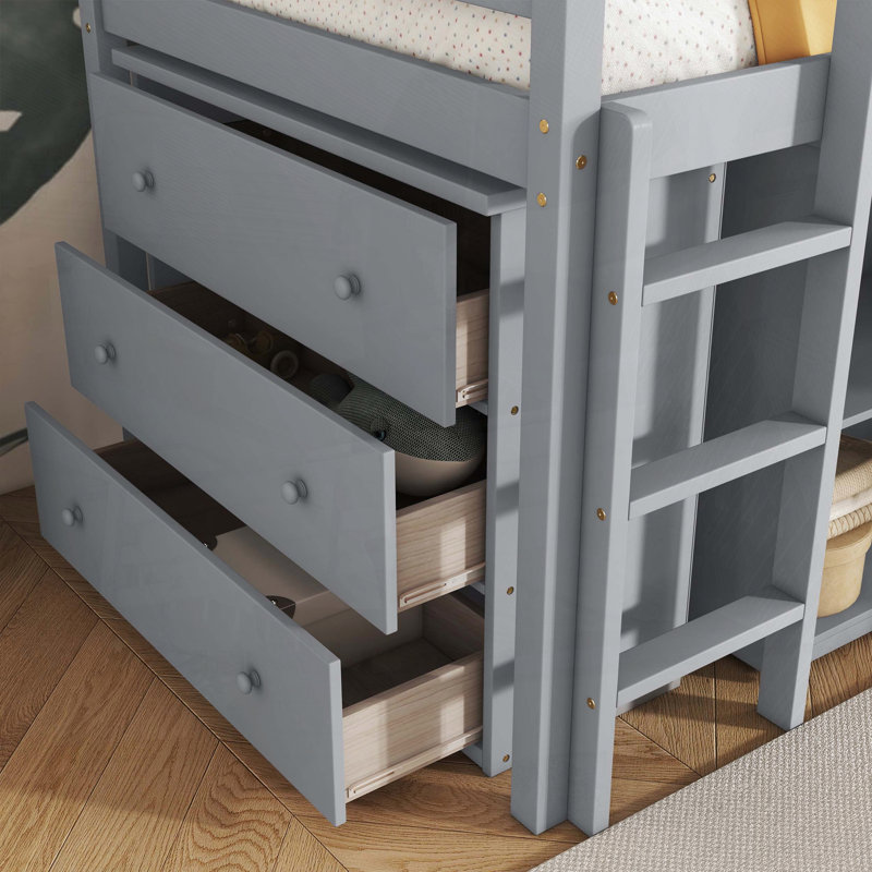 Lit mezzanine simple avec armoires de rangement et bureau coulissant, Gris