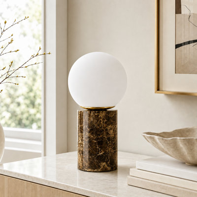 Lampe de table 11,5 "moderne en marbre naturel brun avec abat-jour en verre laiteux