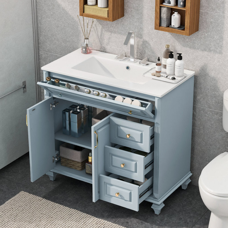 Meuble-lavabo 36 po avec lavabo, armoire en bois massif bleu gris, poignées dorées, tiroir rabattable et rangement pour salle de bain moderne