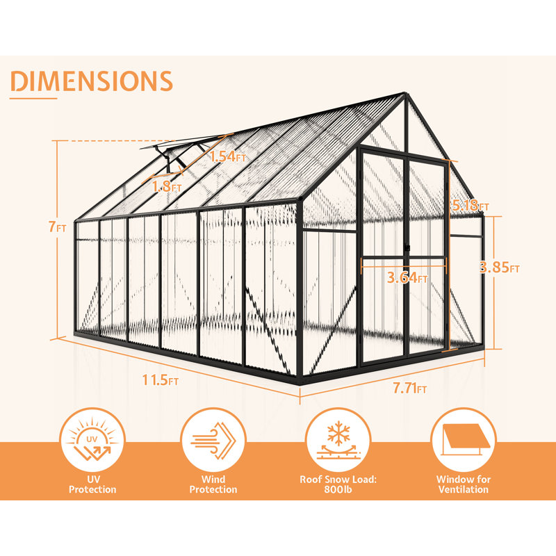 Grower’s Haven AMERLIFE Polycarbonate Greenhouses for Outdoors, Walk-in Aluminum Greenhouse with 2 top-opening windows, Heavy duty Greenhouses with 2 Swing Doors, Greenhouse for Outdoors, Garden Backyard, Black