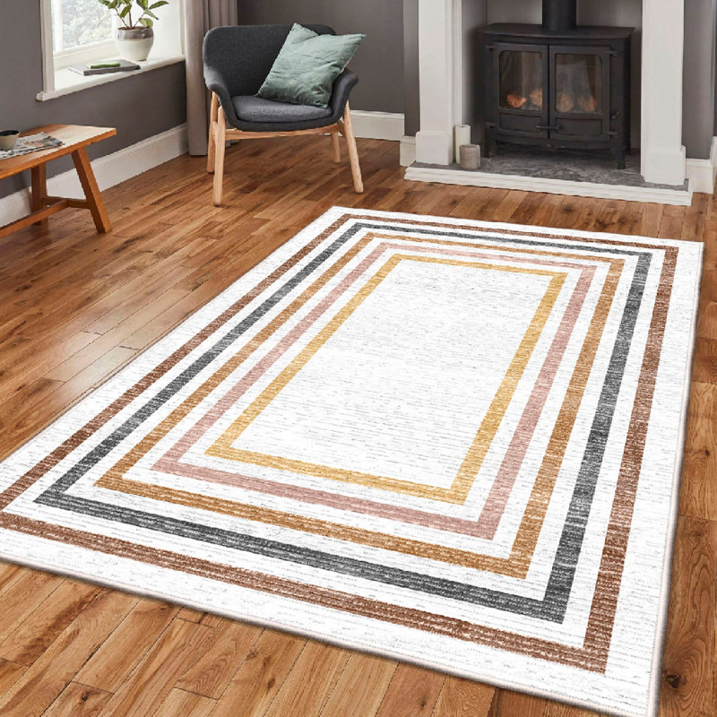 Wencil Luxurious Cotton Area Rug, 39.4 x 59.1 inches | 100% Cotton, 1200 g/m², Pile Height: 0.4 in, Antibacterial, Non-Slip PVC Underside | Machine Washable, Stylish Cream, Yellow, Tile Red, Orange & Black Design for Home Decor