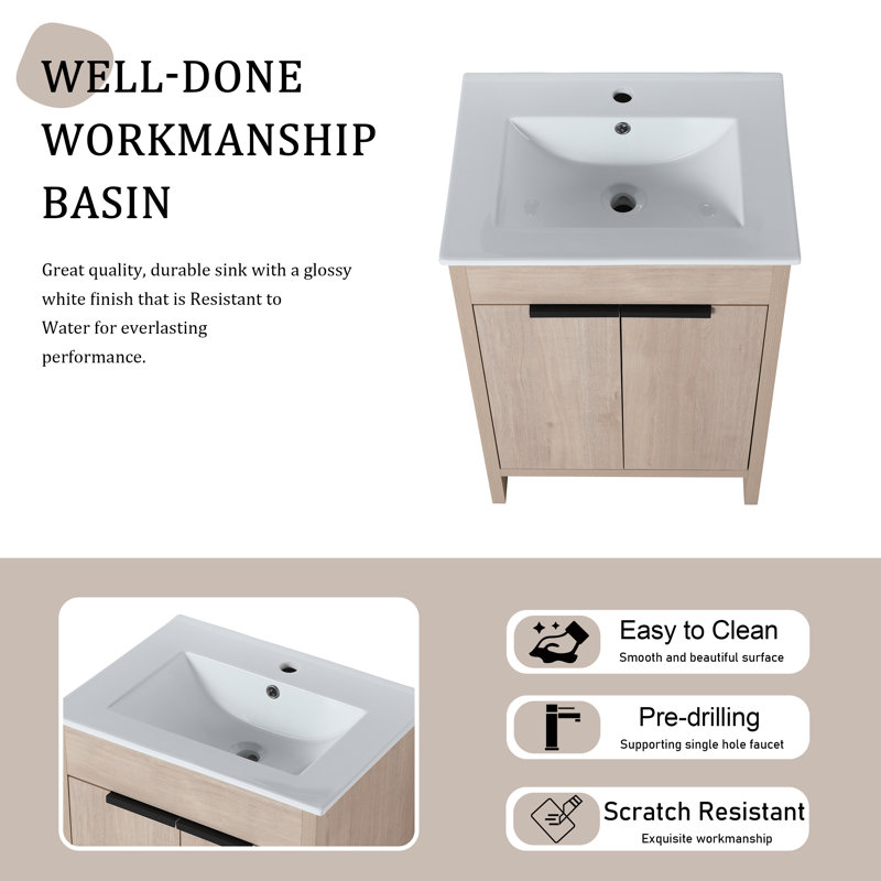 Ensemble de meuble-lavabo simple 24,47 po avec plateau en céramique Adeliz, Lightoak