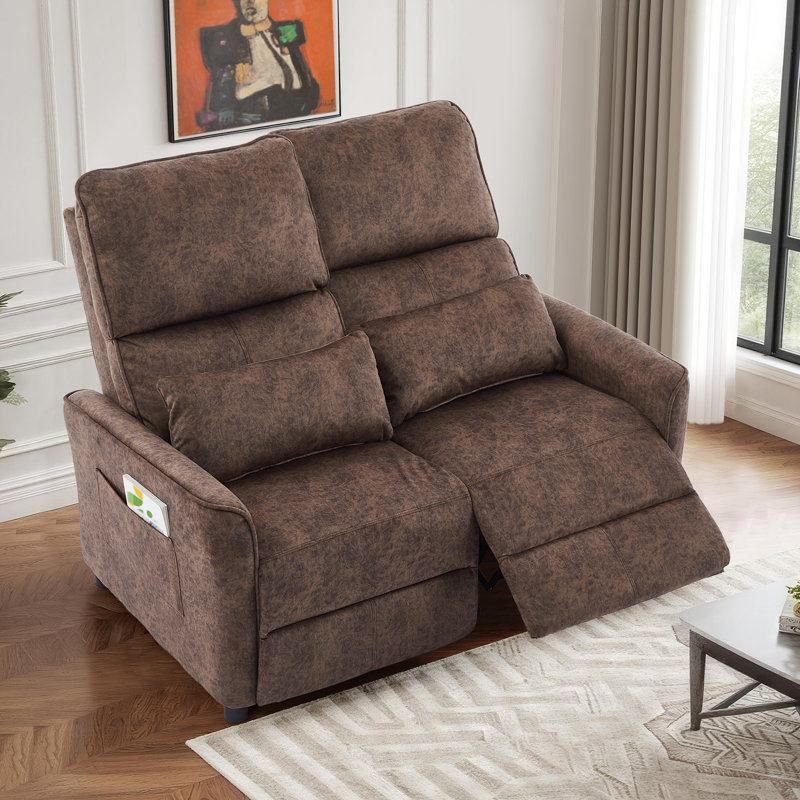 Manual Push Back Reclining Loveseat Sofa For Living Room, Brown Fabric