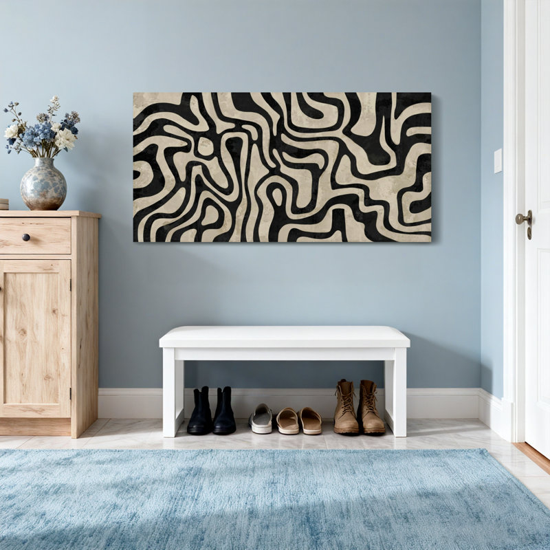 Motif de lignes ondulées noires et blanches à la mode, H 24 po x l 48 po