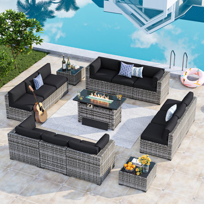 Melisandra Wicker 12 - Person Seating Group with Cushions and Fire Pit, Patio Sectional Conversation Set by Latitude Run