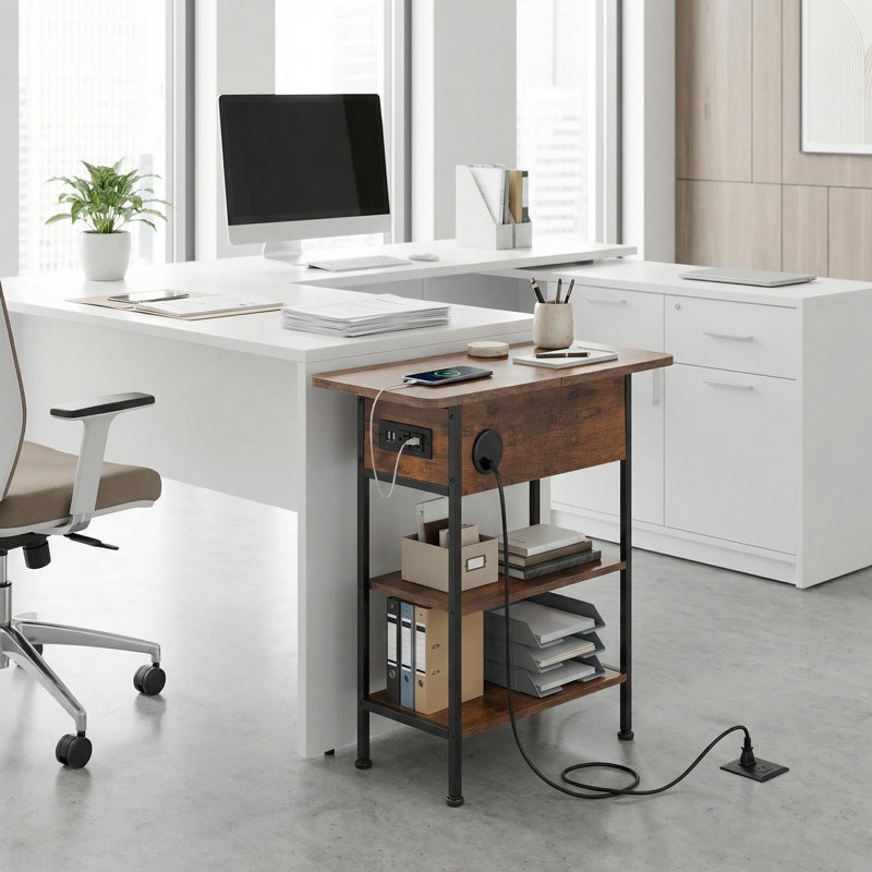 Table de chevet moderne avec tablette de rangement, structure en métal robuste d'une hauteur de 24 po, finition espresso, design compact pour le salon, la chambre à coucher ou le bureau. Brun