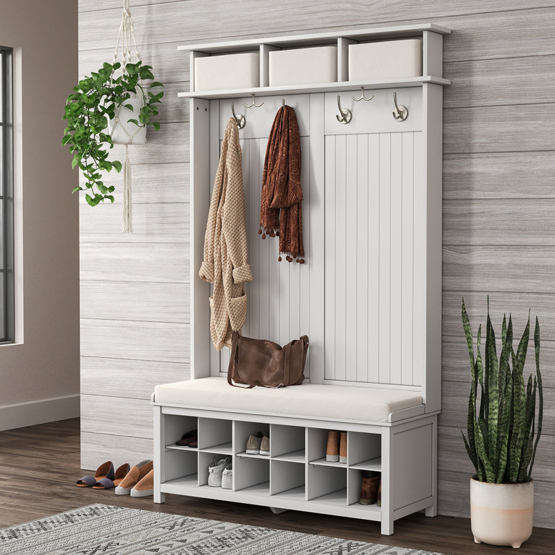 John Louis Home Solid Wood Hall Tree with Shoe and 1 Bin Storage, White
