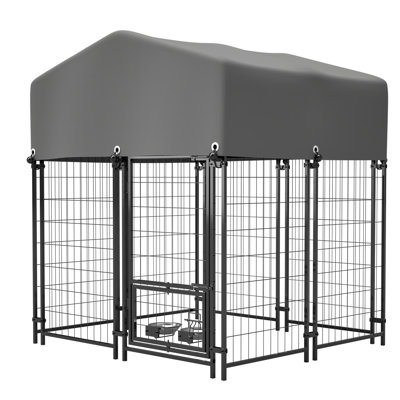 Metal Yard Dog Kennel Heavy Duty Dog Crate With Door & UV-Resistant Waterproof Cover, Double Lock, Rotating Feeder