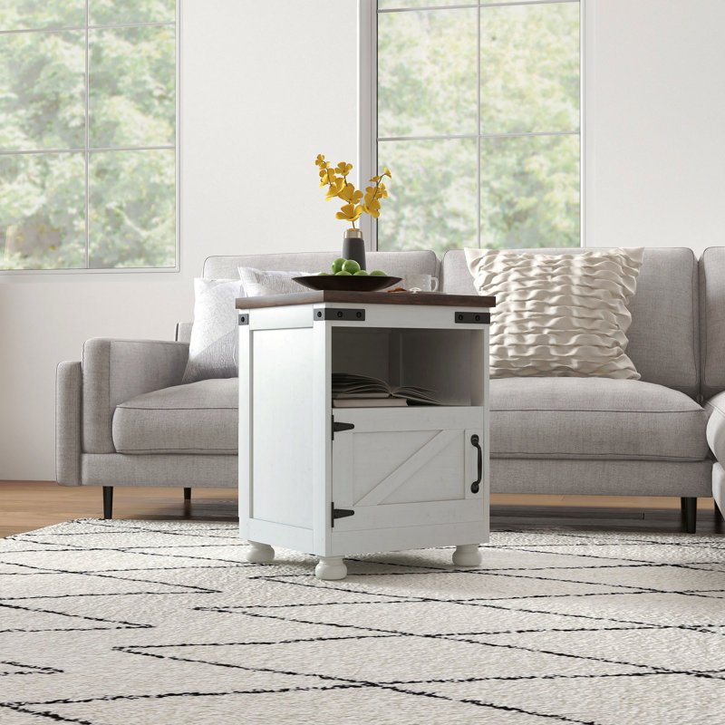 Table d'appoint de style campagnard moderne avec tablette et garde-robe, blanche, Blanc, Brun
