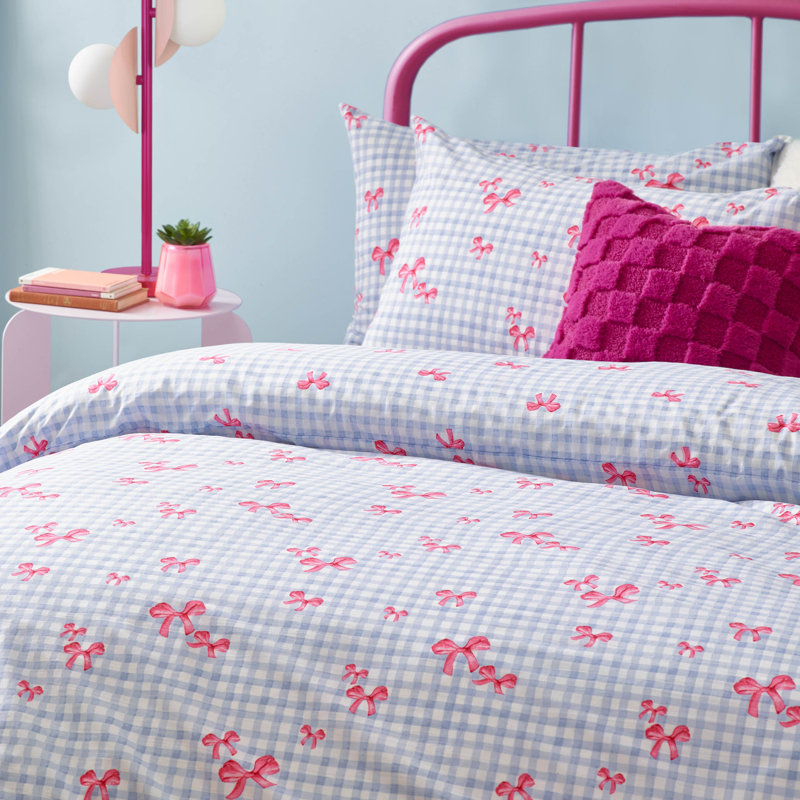 Gingham Bows Polyester Duvet Cover Set Set, Single Duvet Cover Set + 1 Pillowcase